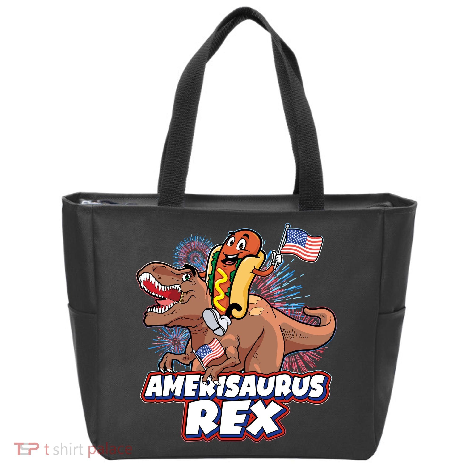 Funny Hotdog Riding Amerisaurus Rex Dinosaur Tote Bag