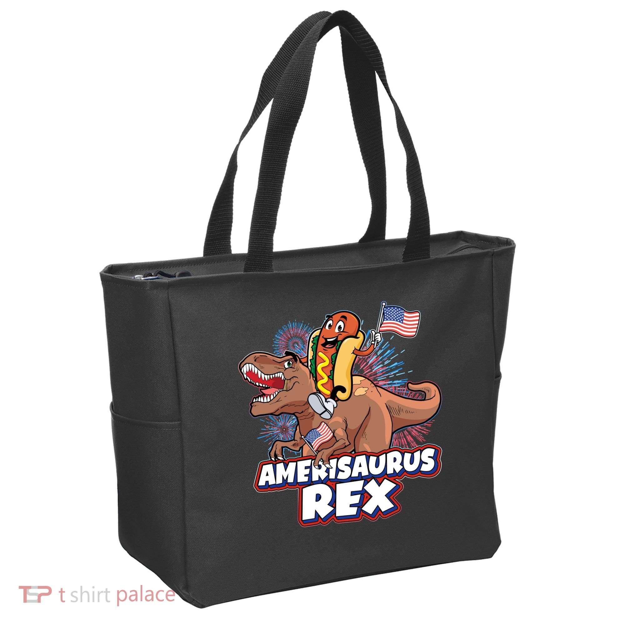 Funny Hotdog Riding Amerisaurus Rex Dinosaur Tote Bag