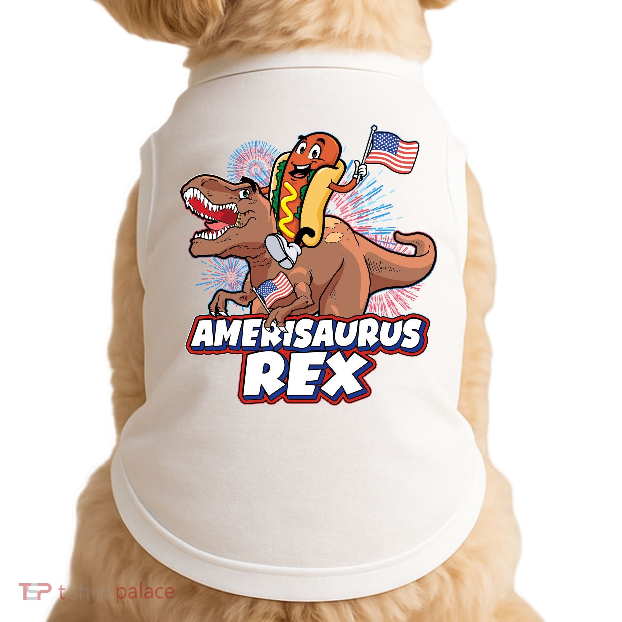Funny Hotdog Riding Amerisaurus Rex Dinosaur Doggie Tank