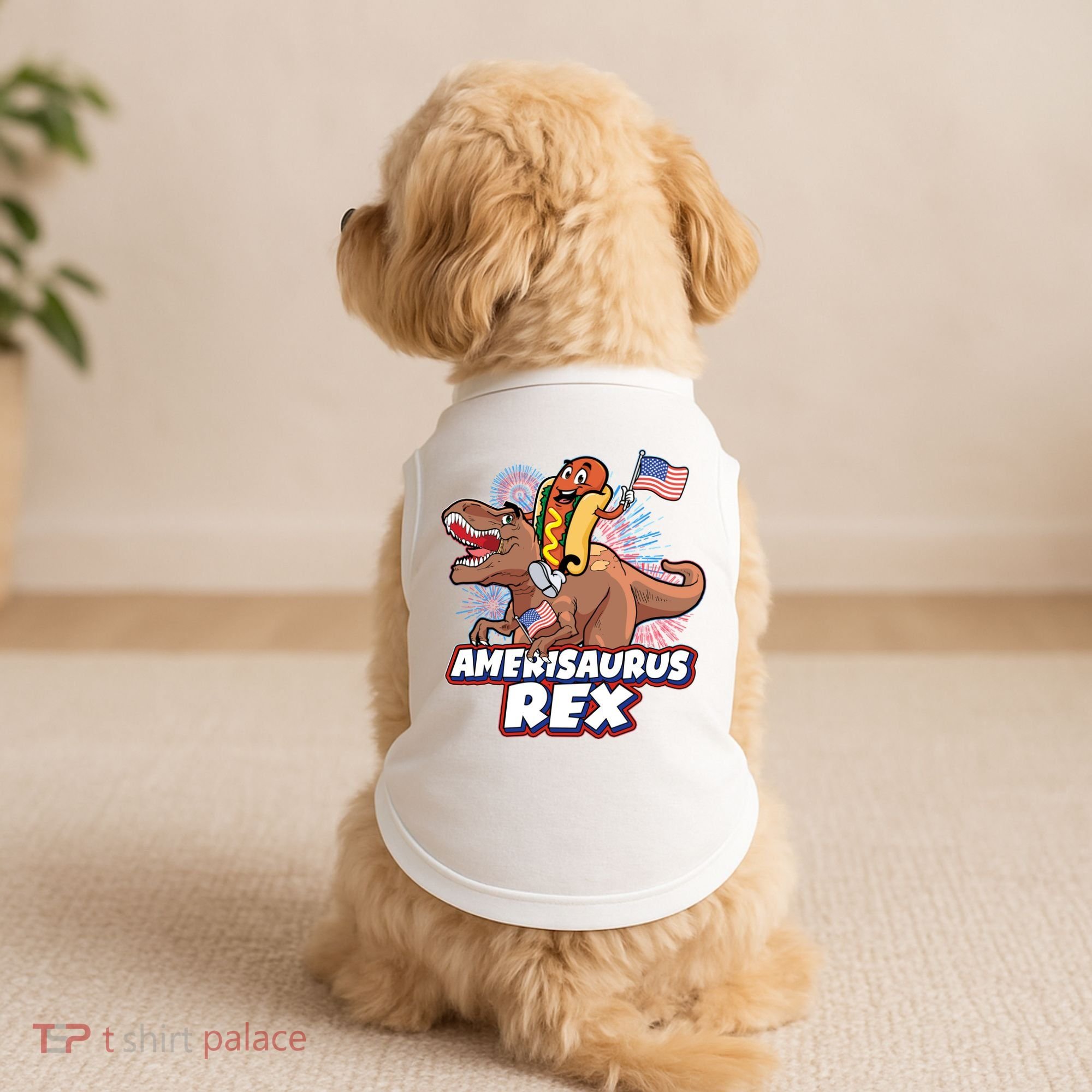 Funny Hotdog Riding Amerisaurus Rex Dinosaur Doggie Tank