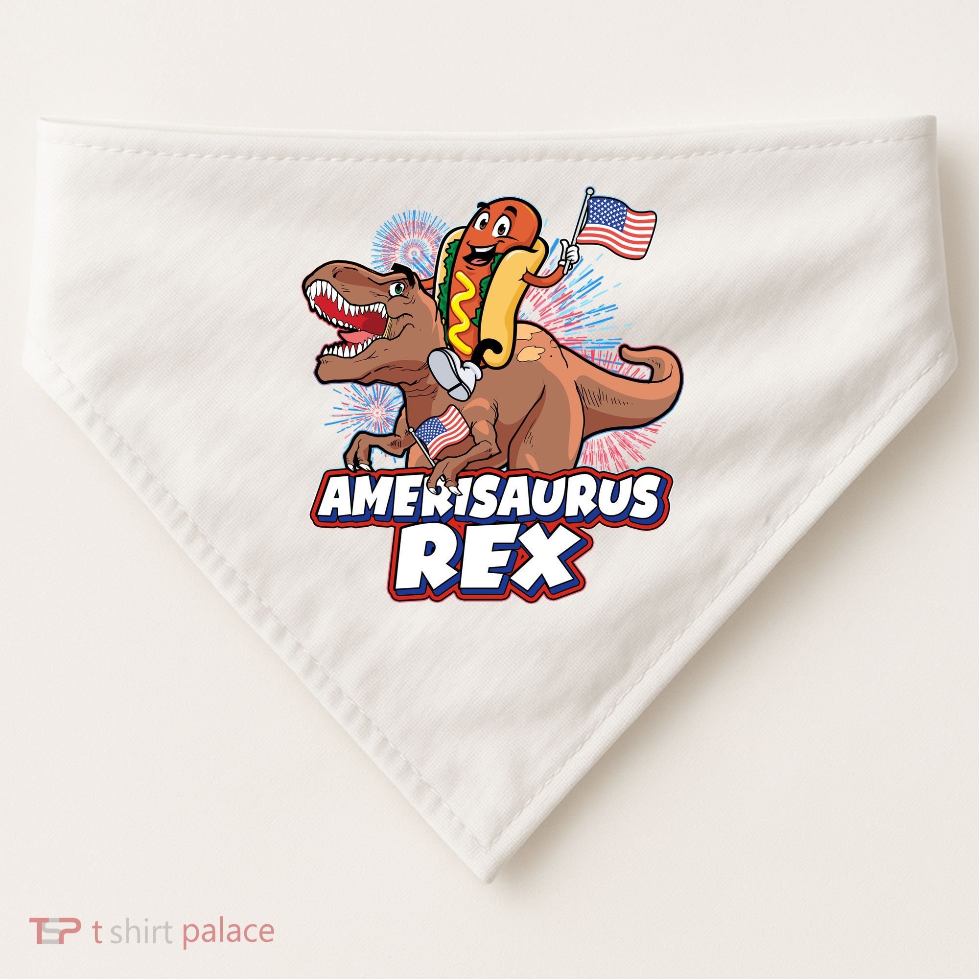 Funny Hotdog Riding Amerisaurus Rex Dinosaur USA-Made Doggie Bandana
