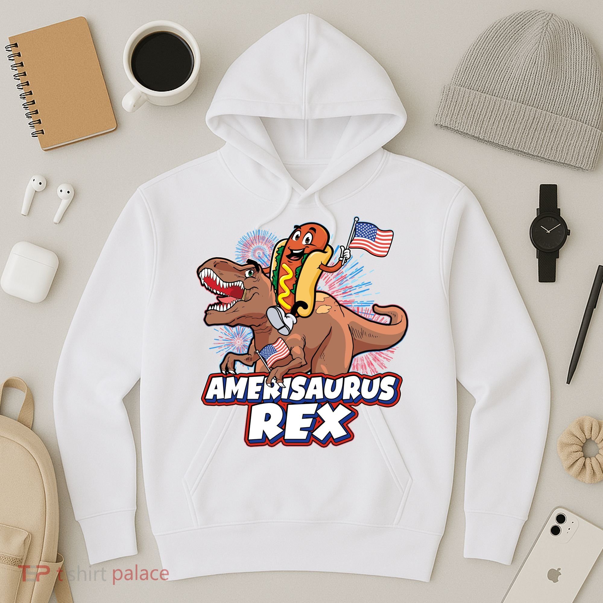 Funny Hotdog Riding Amerisaurus Rex Dinosaur Hoodie