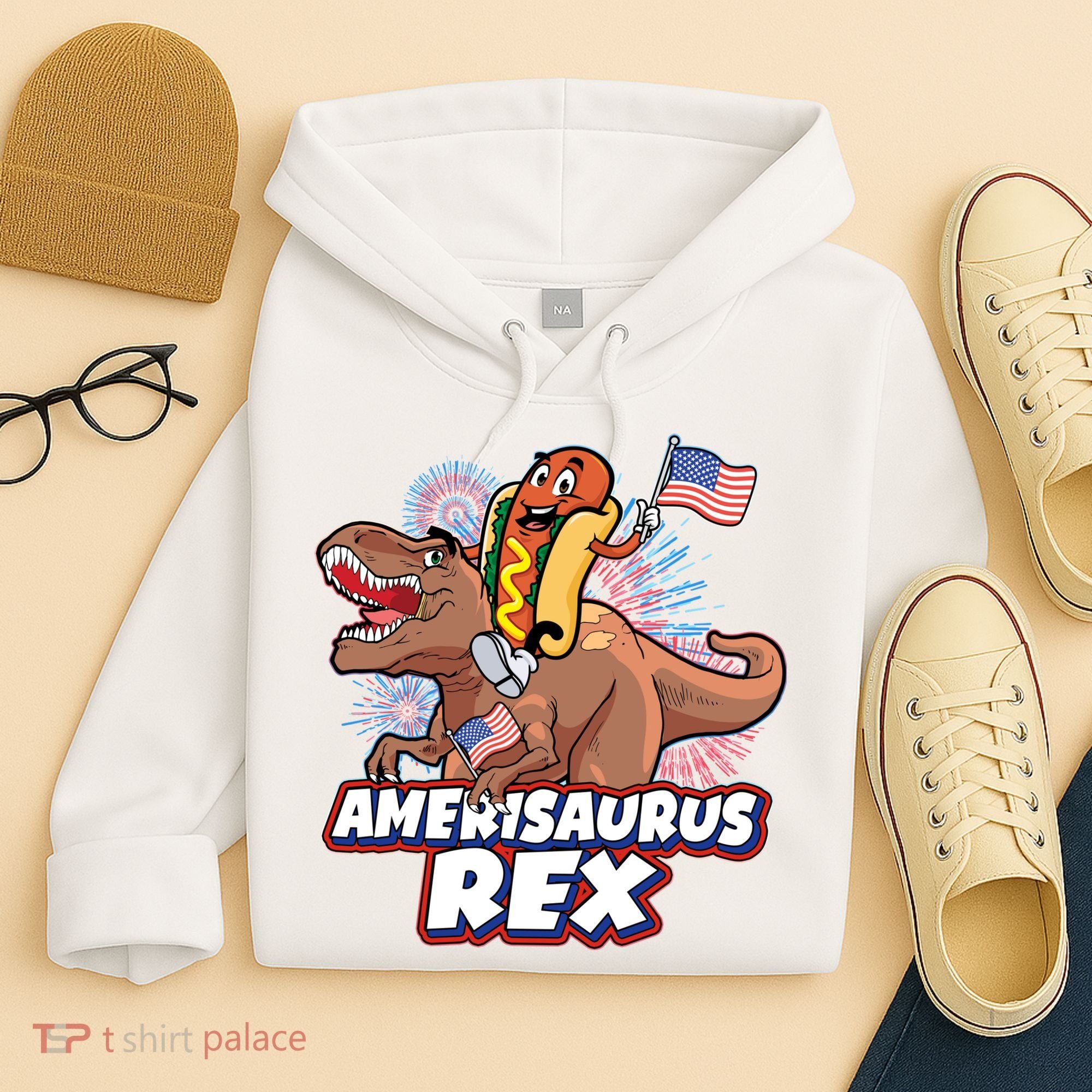 Funny Hotdog Riding Amerisaurus Rex Dinosaur Hoodie