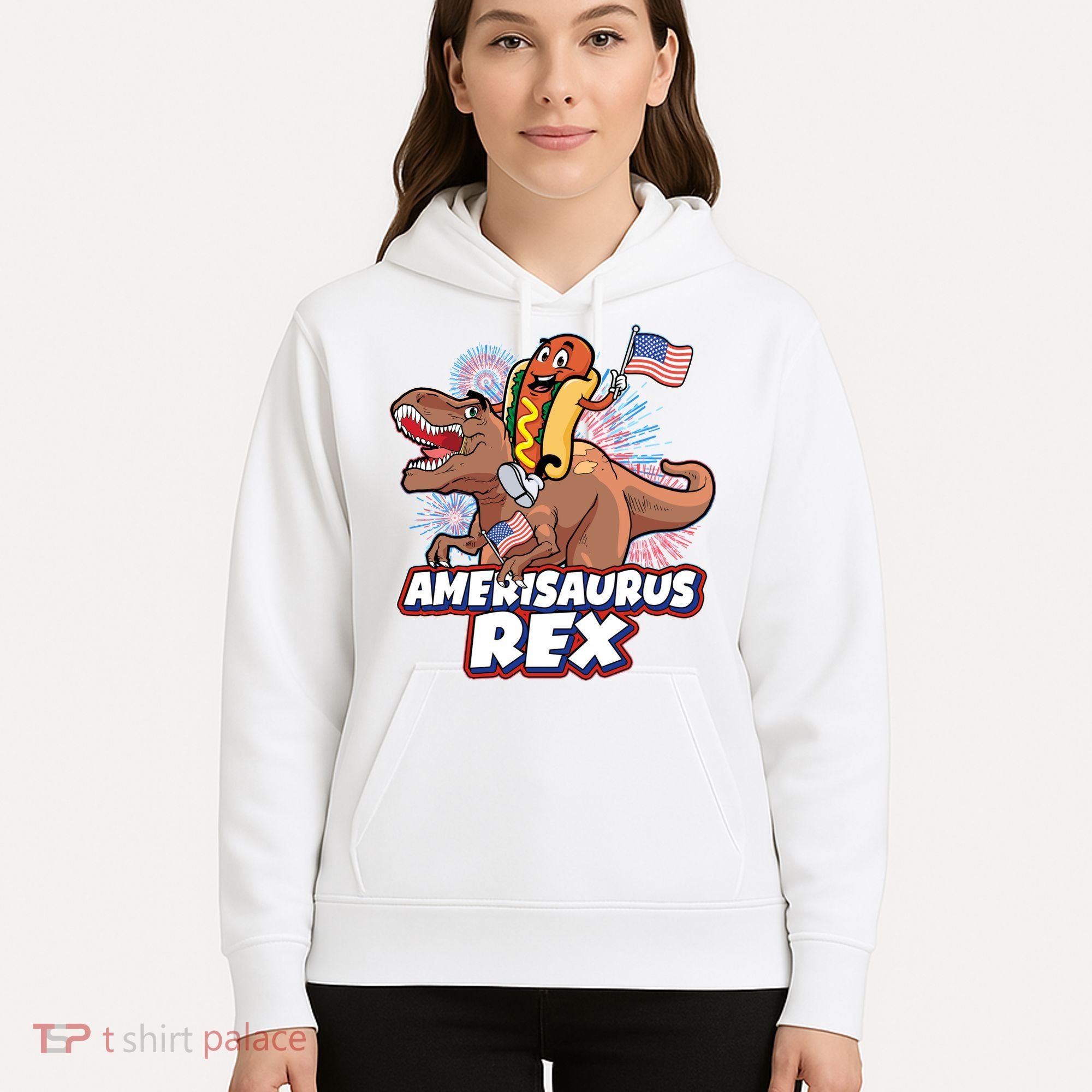 Funny Hotdog Riding Amerisaurus Rex Dinosaur Hoodie