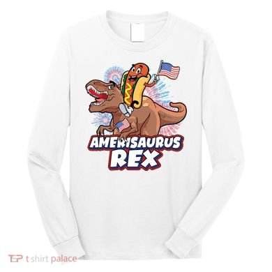 Funny Hotdog Riding Amerisaurus Rex Dinosaur Long Sleeve Shirt
