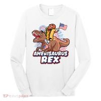 Funny Hotdog Riding Amerisaurus Rex Dinosaur Long Sleeve Shirt thumb 0