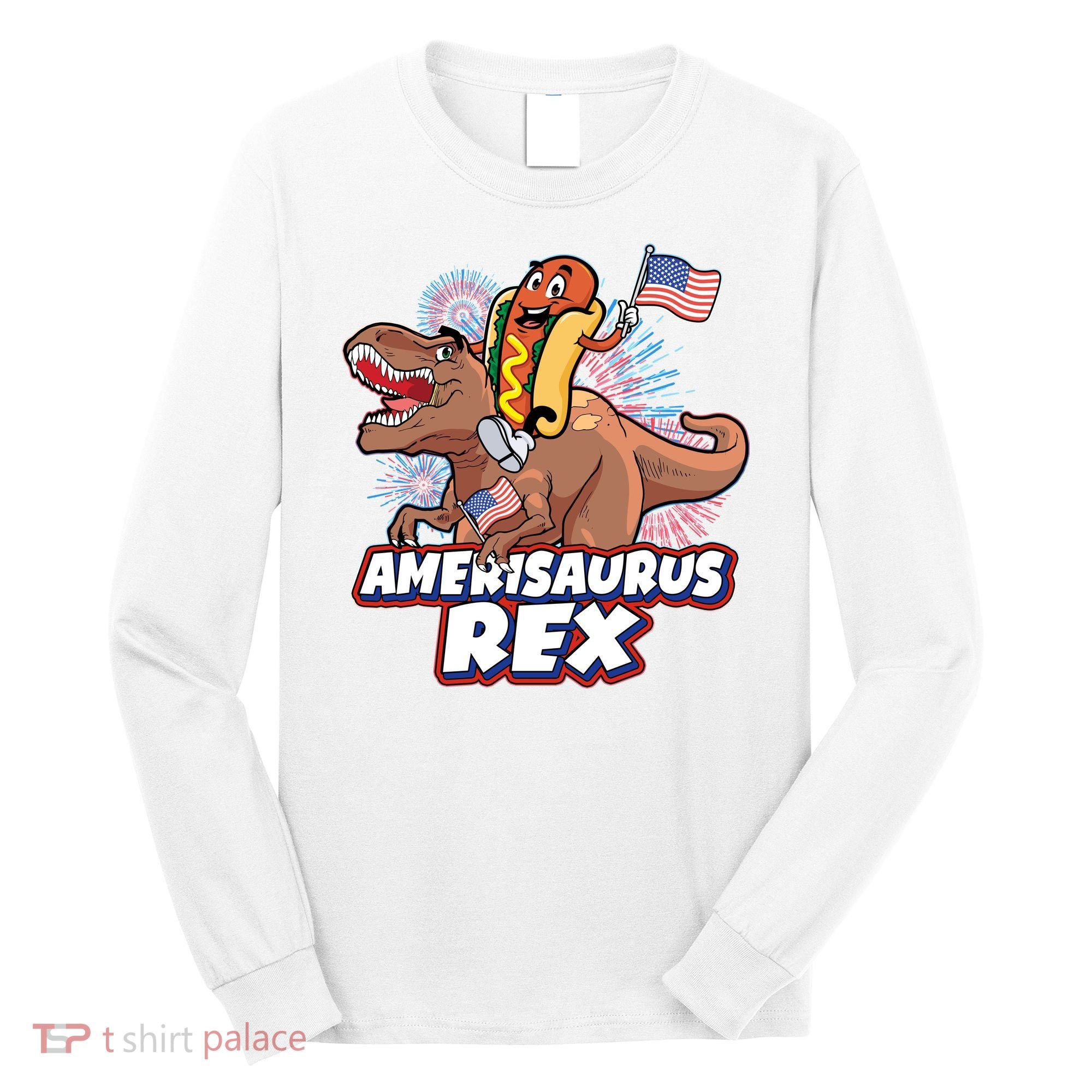 Funny Hotdog Riding Amerisaurus Rex Dinosaur Long Sleeve Shirt