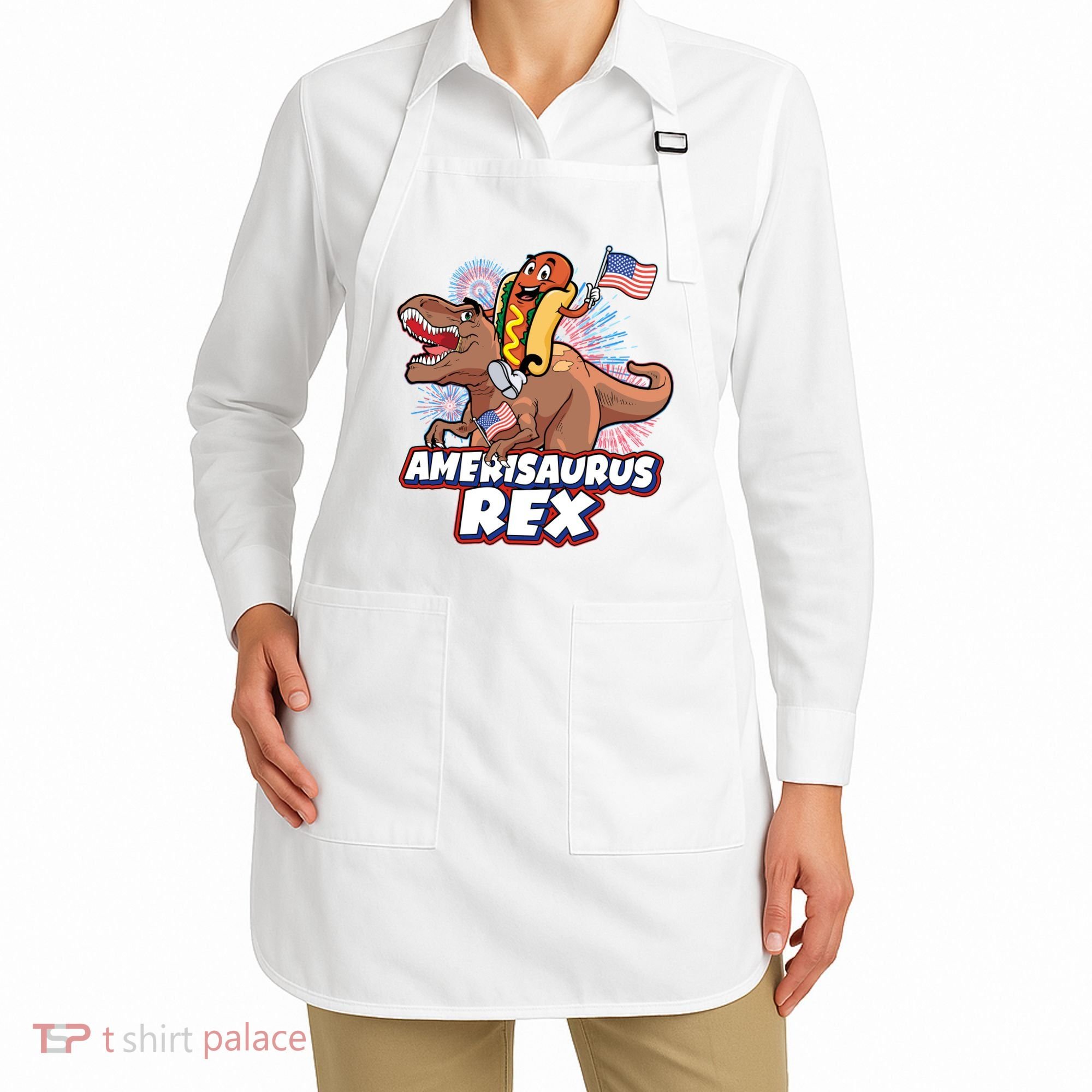 Funny Hotdog Riding Amerisaurus Rex Dinosaur Apron