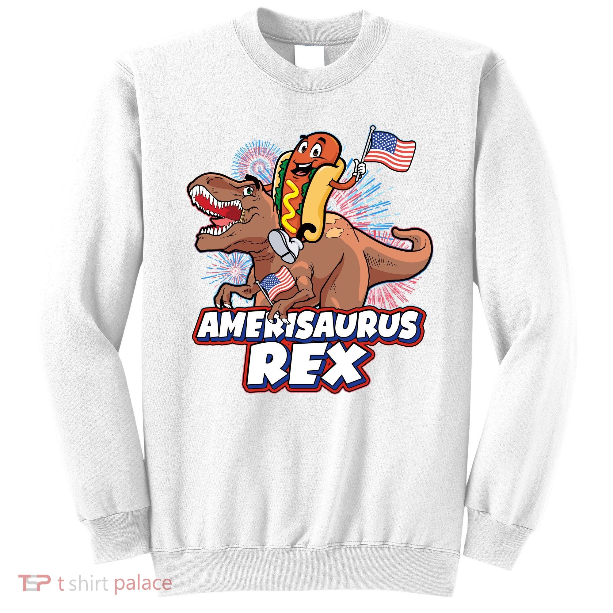 Funny Hotdog Riding Amerisaurus Rex Dinosaur Sweatshirt