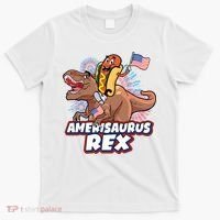 Funny Hotdog Riding Amerisaurus Rex Dinosaur T-Shirt thumb 0