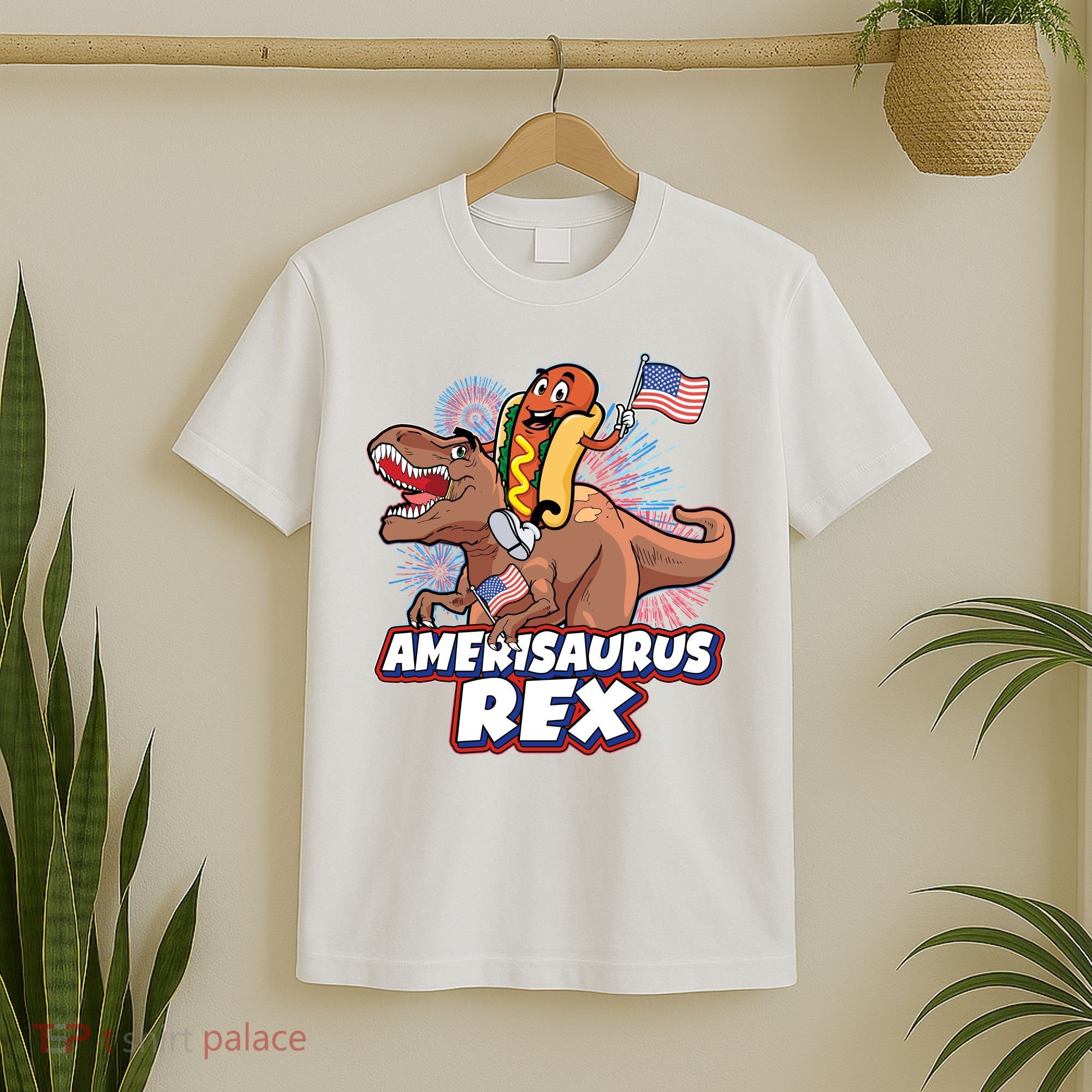 Funny Hotdog Riding Amerisaurus Rex Dinosaur T-Shirt