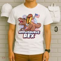 Funny Hotdog Riding Amerisaurus Rex Dinosaur T-Shirt thumb 6