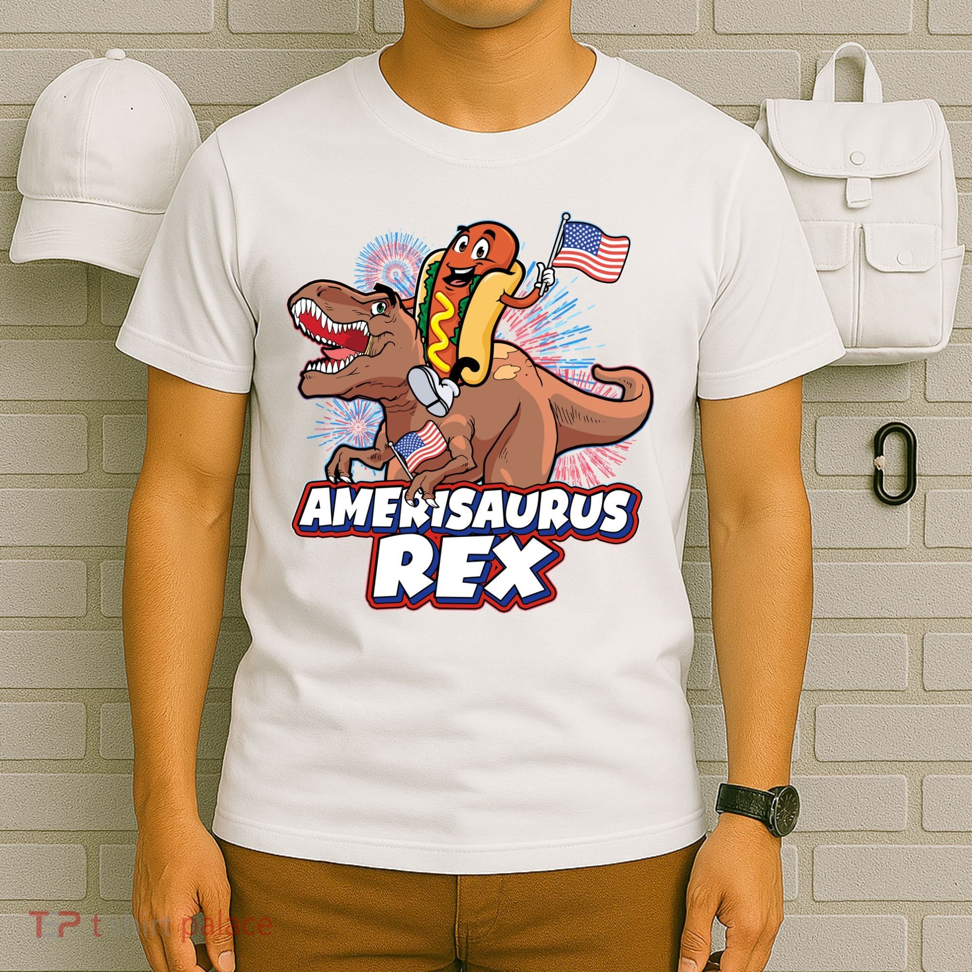 Funny Hotdog Riding Amerisaurus Rex Dinosaur T-Shirt