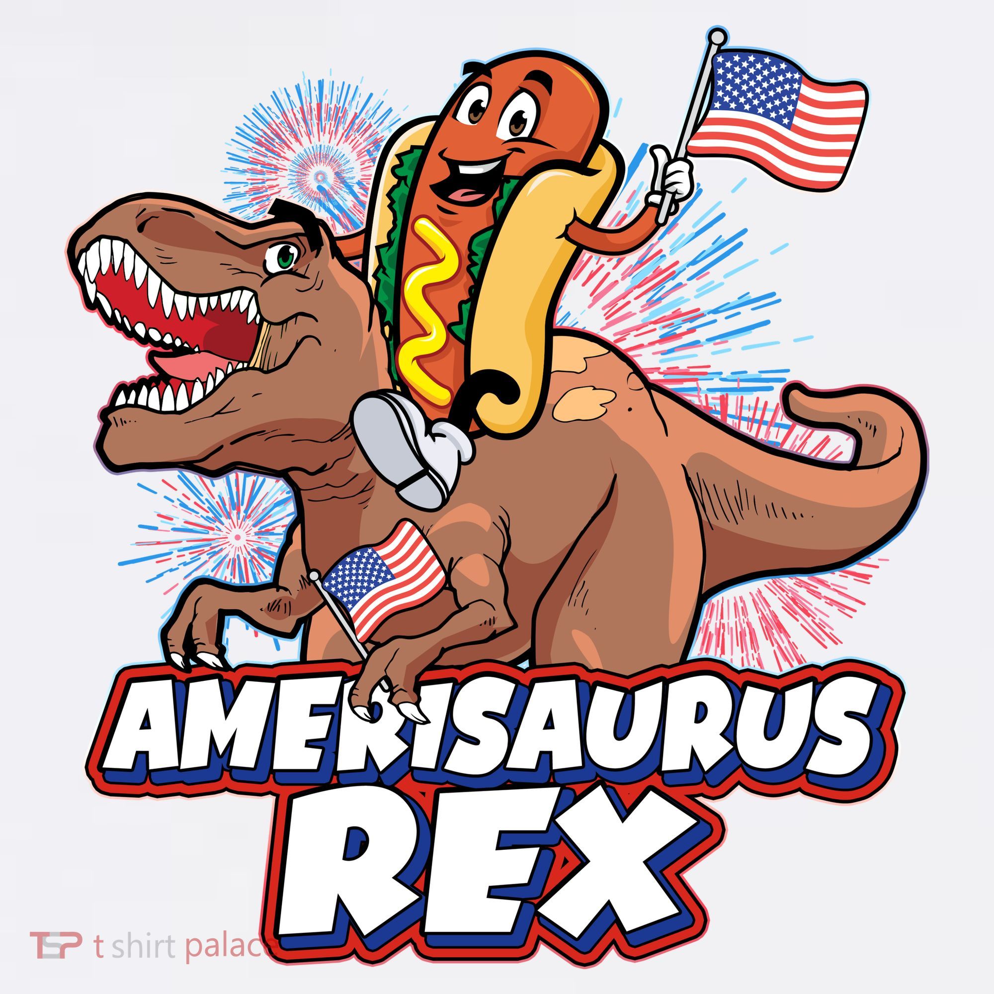 Funny Hotdog Riding Amerisaurus Rex Dinosaur T-Shirt