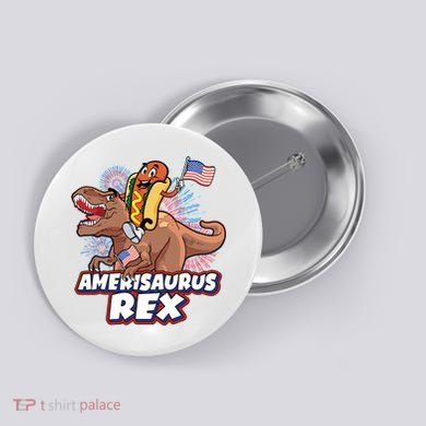 Funny Hotdog Riding Amerisaurus Rex Dinosaur Button