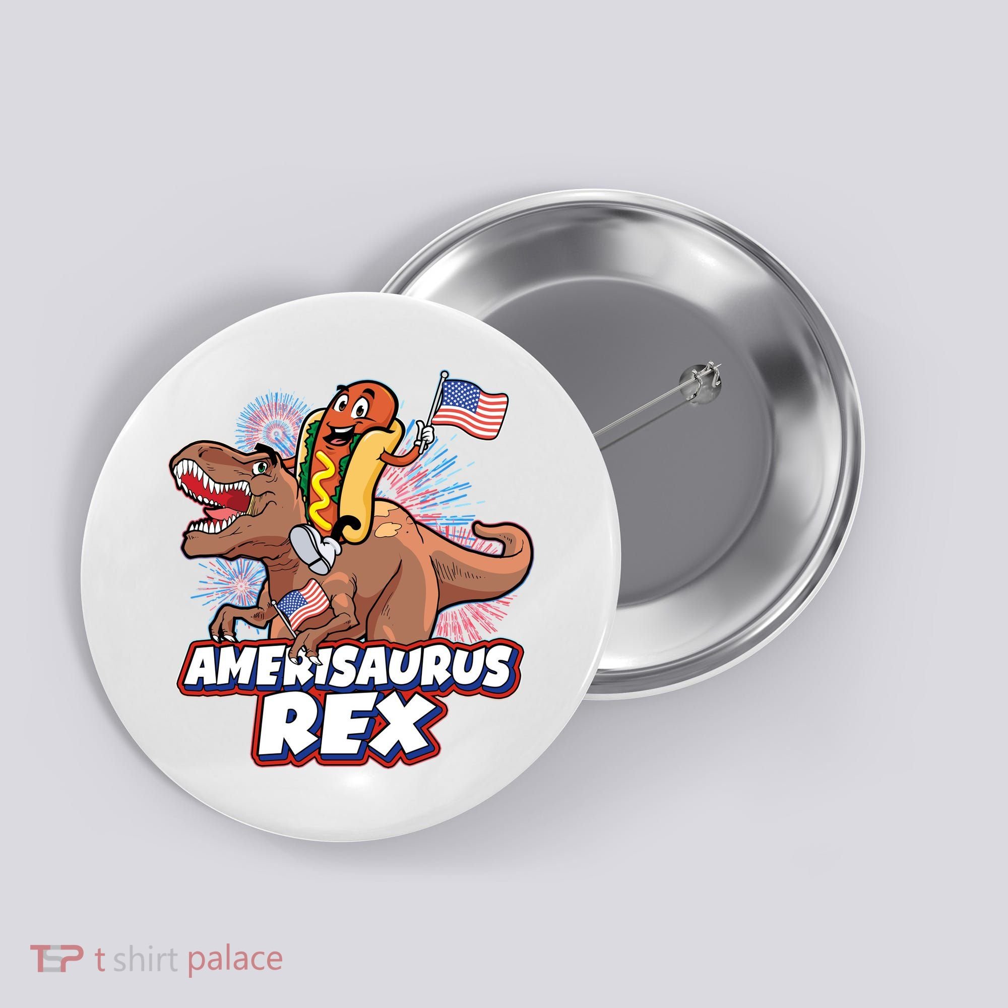Funny Hotdog Riding Amerisaurus Rex Dinosaur Button