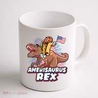 Funny Hotdog Riding Amerisaurus Rex Dinosaur Coffee Mug thumb 1