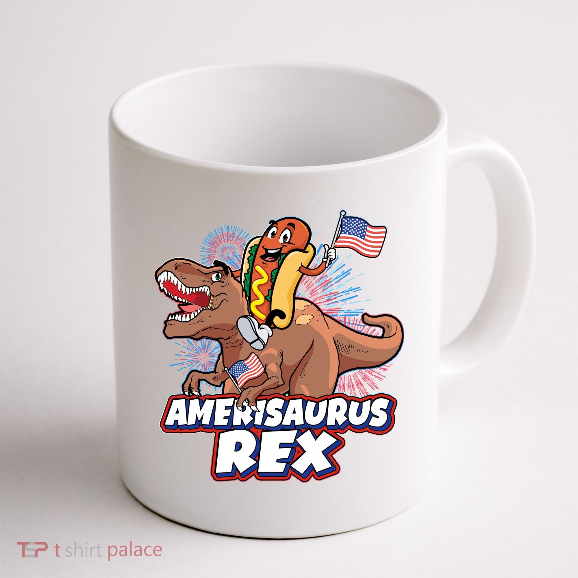 Funny Hotdog Riding Amerisaurus Rex Dinosaur Coffee Mug