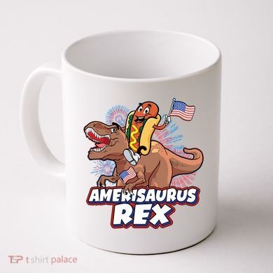 Funny Hotdog Riding Amerisaurus Rex Dinosaur Coffee Mug