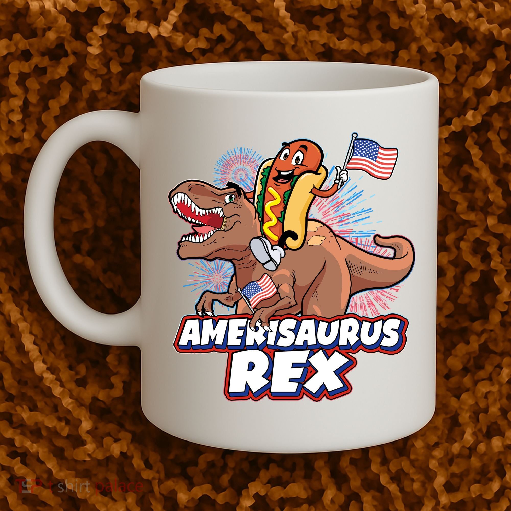 Funny Hotdog Riding Amerisaurus Rex Dinosaur Coffee Mug