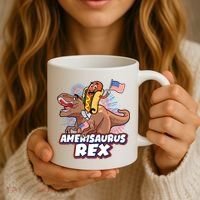 Funny Hotdog Riding Amerisaurus Rex Dinosaur Coffee Mug thumb 3