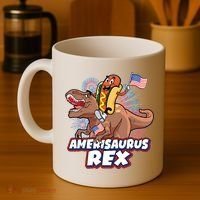 Funny Hotdog Riding Amerisaurus Rex Dinosaur Coffee Mug thumb 4