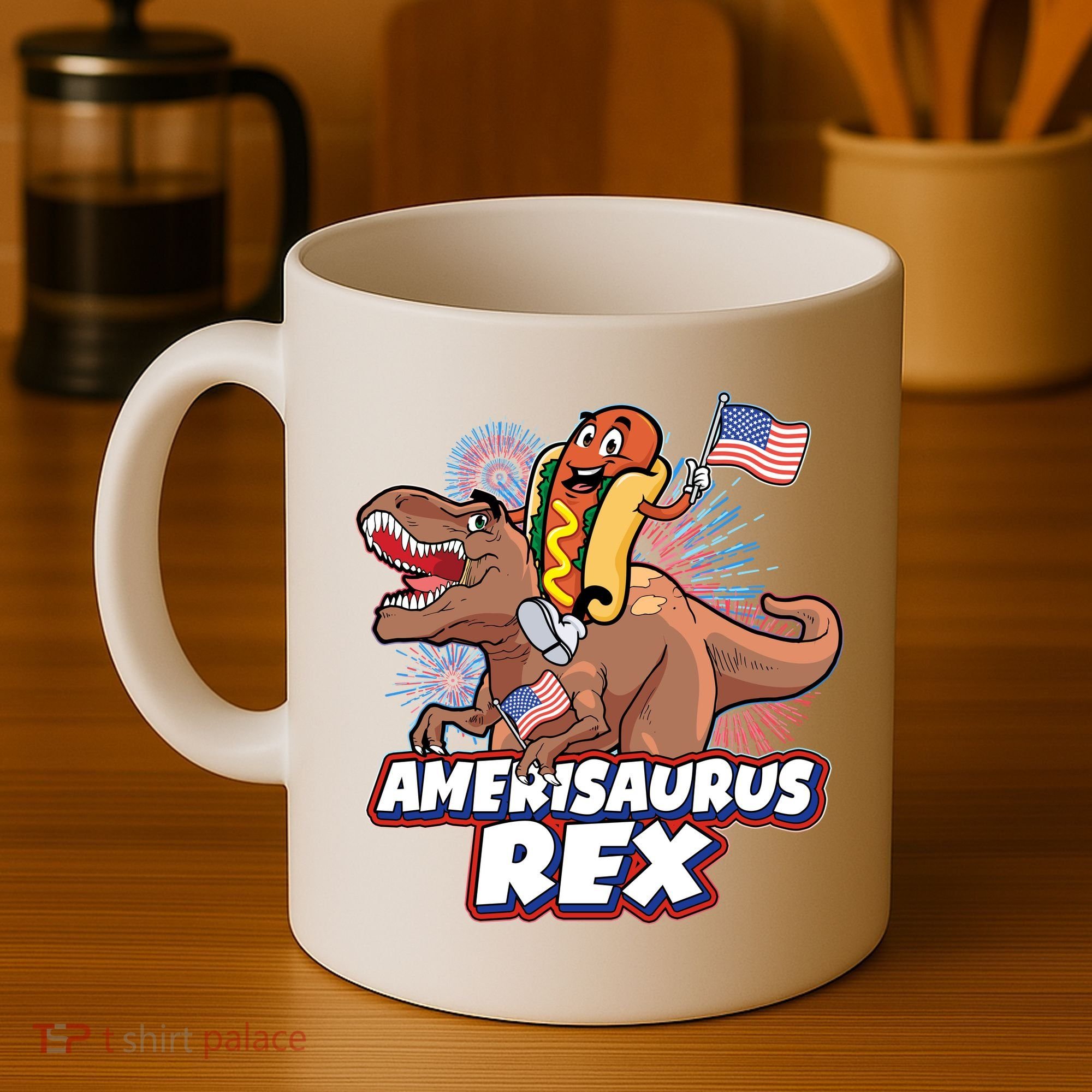 Funny Hotdog Riding Amerisaurus Rex Dinosaur Coffee Mug