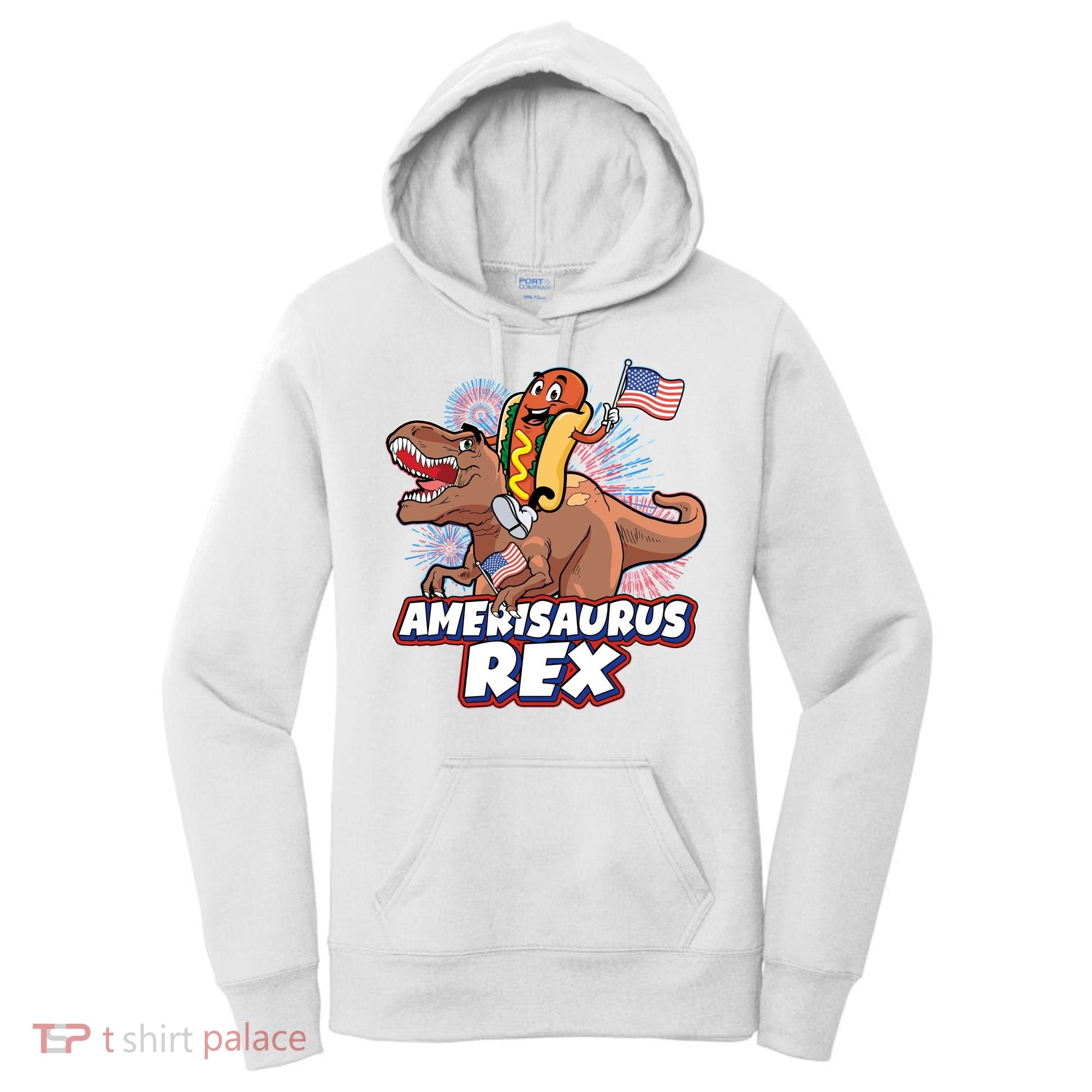 Funny Hotdog Riding Amerisaurus Rex Dinosaur Women's Hoodie