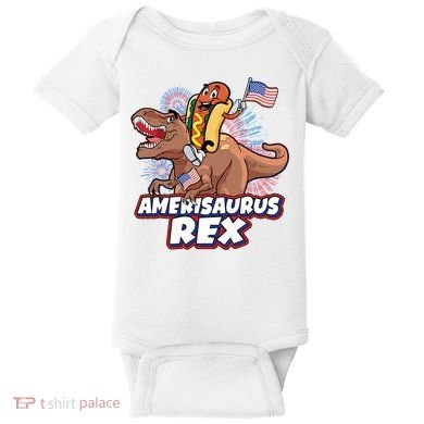 Funny Hotdog Riding Amerisaurus Rex Dinosaur Baby Bodysuit