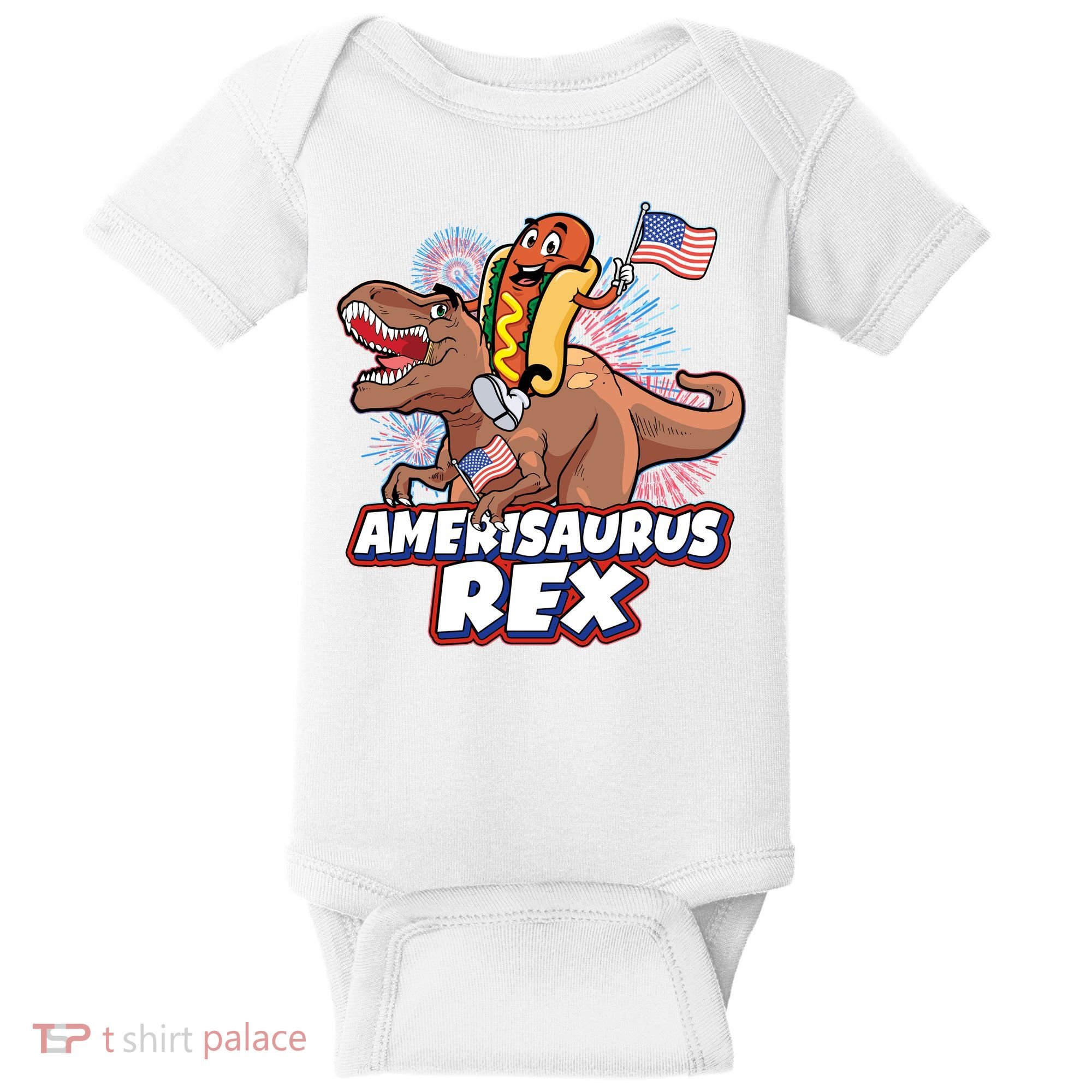 Funny Hotdog Riding Amerisaurus Rex Dinosaur Baby Bodysuit