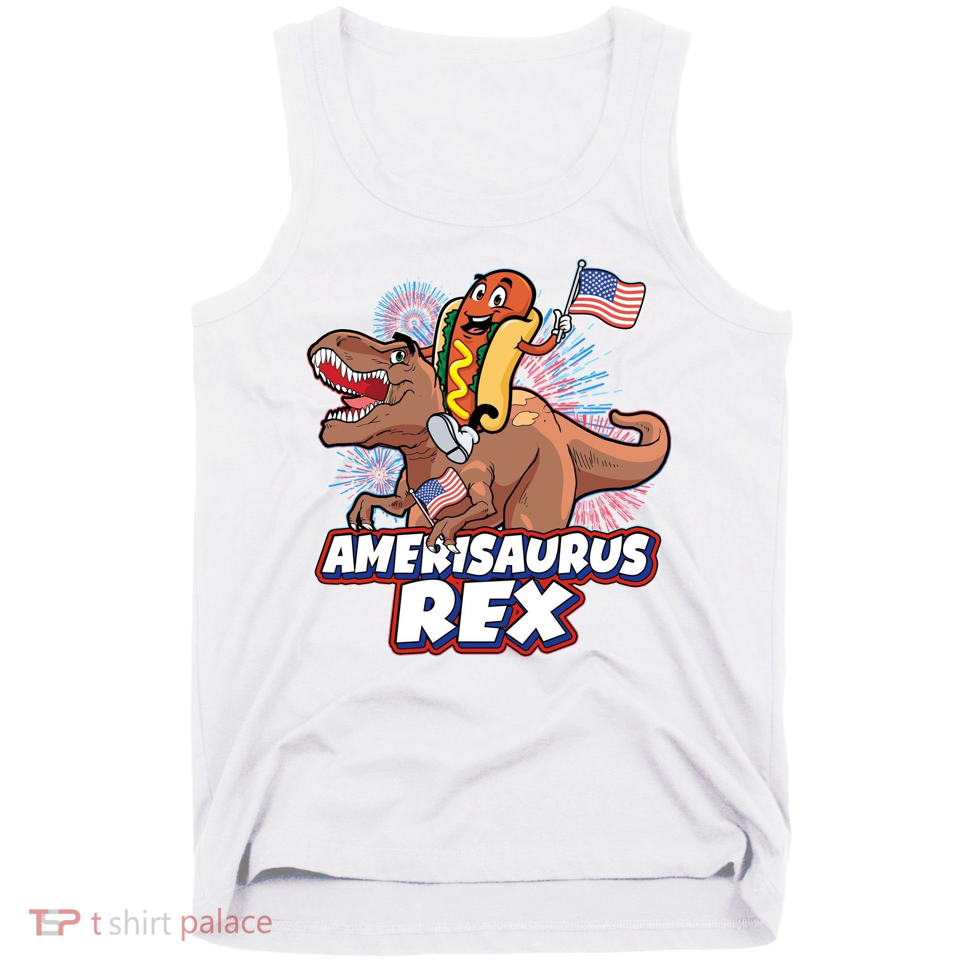 Funny Hotdog Riding Amerisaurus Rex Dinosaur Tank Top