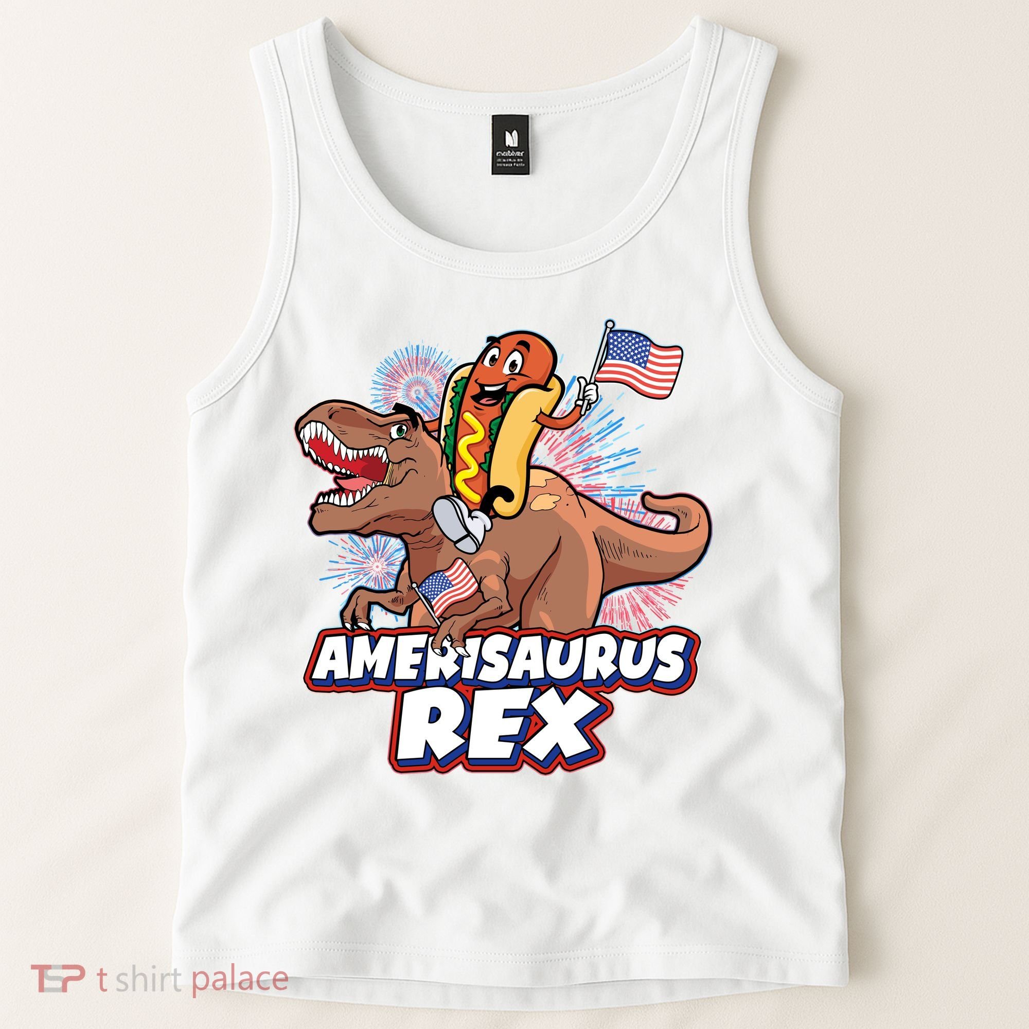 Funny Hotdog Riding Amerisaurus Rex Dinosaur Tank Top
