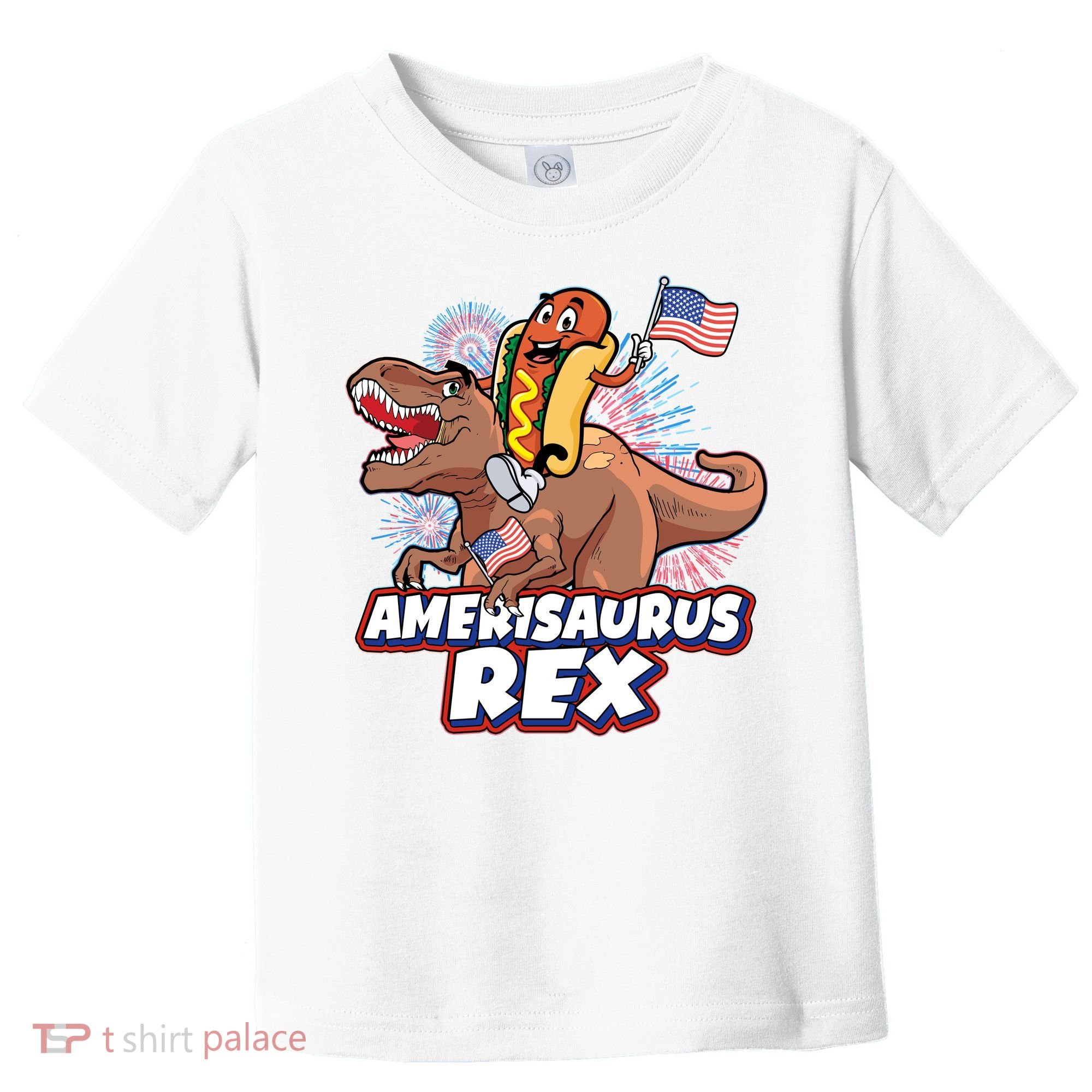 Funny Hotdog Riding Amerisaurus Rex Dinosaur Toddler T-Shirt