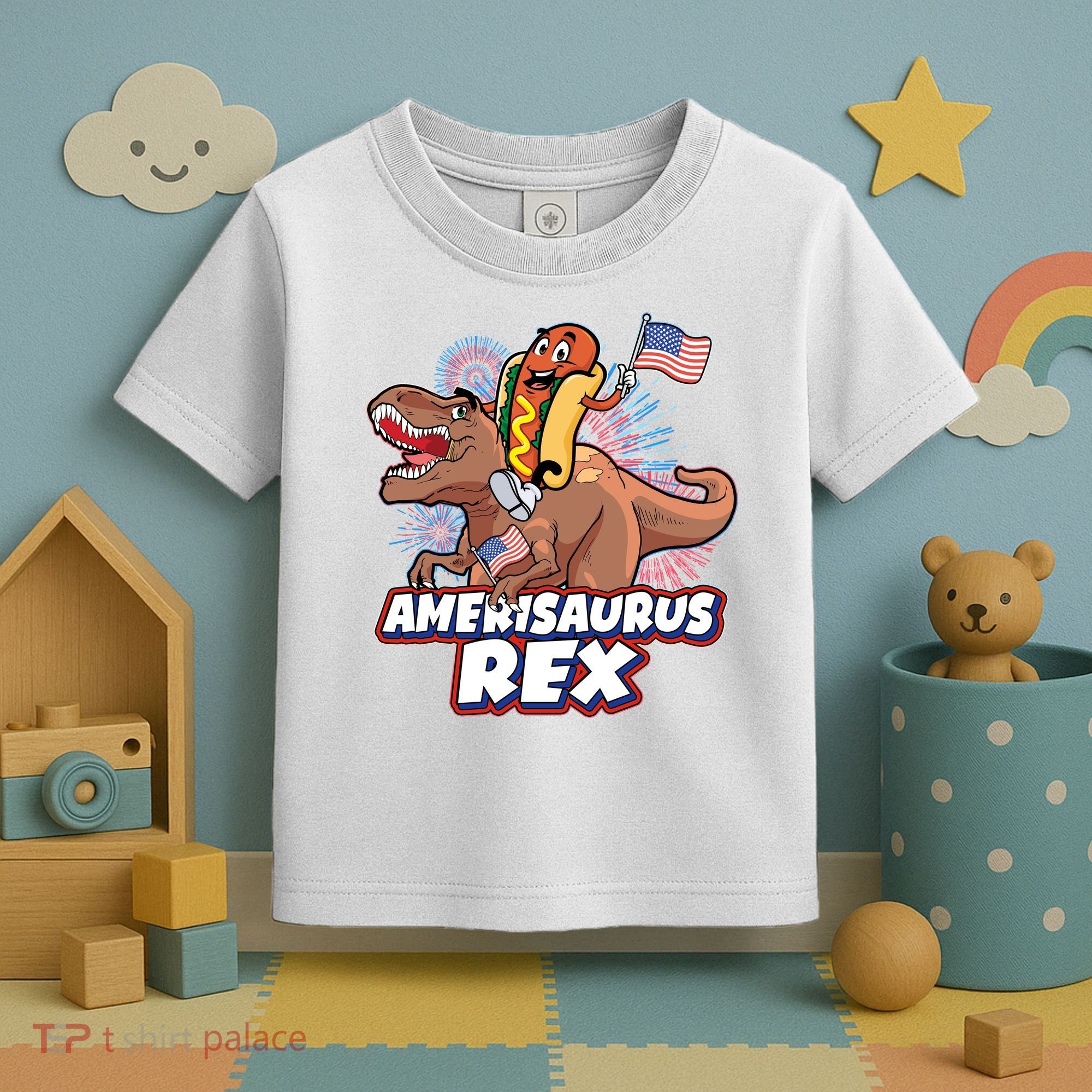 Funny Hotdog Riding Amerisaurus Rex Dinosaur Toddler T-Shirt