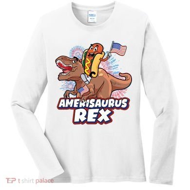 Funny Hotdog Riding Amerisaurus Rex Dinosaur Women's Long Sleeve Shirt