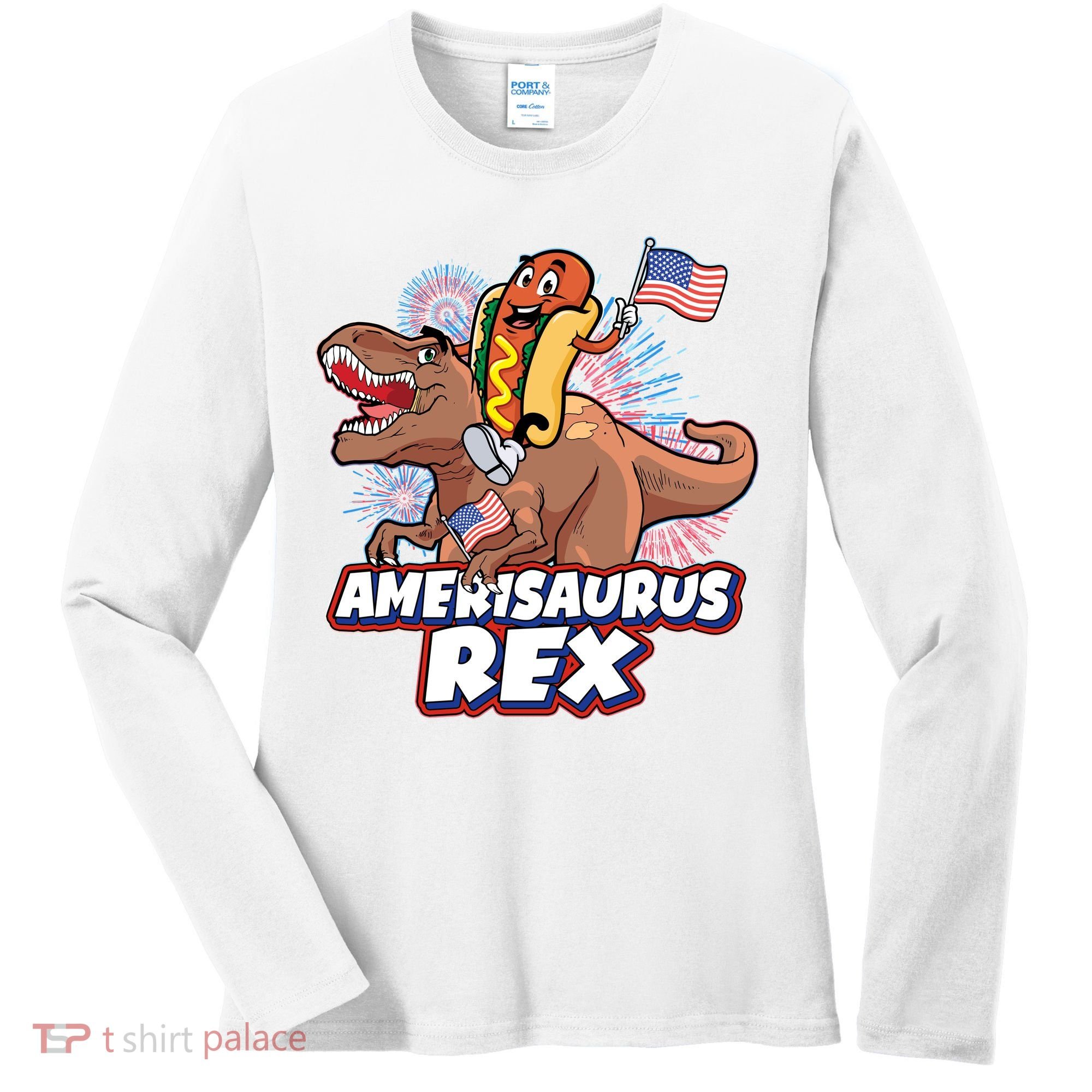 Funny Hotdog Riding Amerisaurus Rex Dinosaur Women's Long Sleeve Shirt