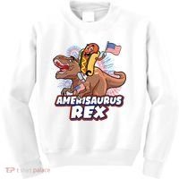 Funny Hotdog Riding Amerisaurus Rex Dinosaur Kids Sweatshirt thumb 0