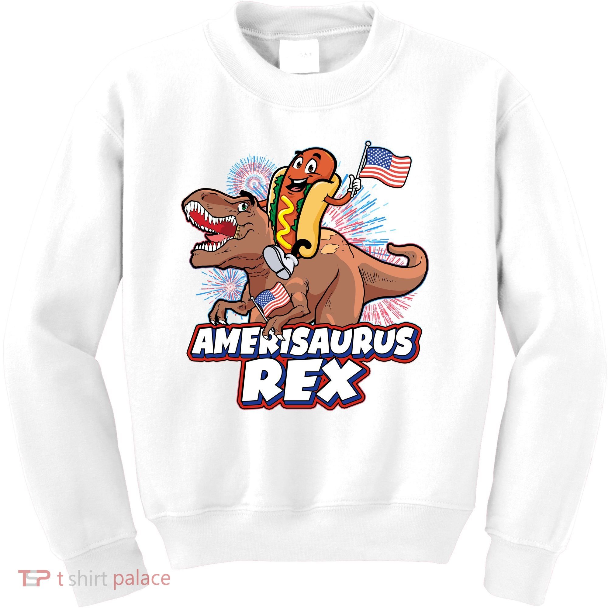 Funny Hotdog Riding Amerisaurus Rex Dinosaur Kids Sweatshirt
