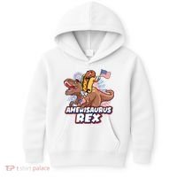 Funny Hotdog Riding Amerisaurus Rex Dinosaur Kids Hoodie thumb 0