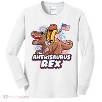 Funny Hotdog Riding Amerisaurus Rex Dinosaur Kids Long Sleeve Shirt thumb 0