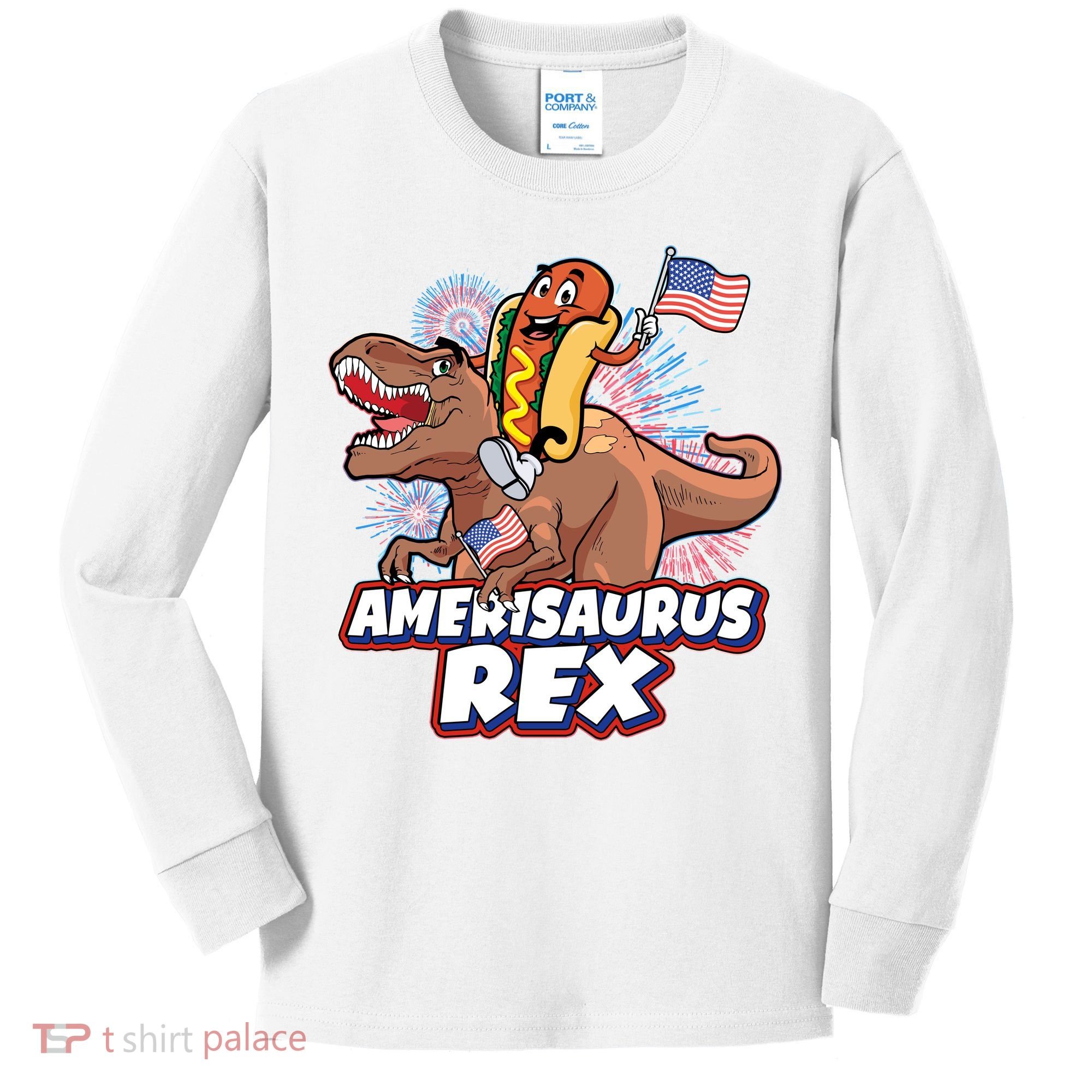 Funny Hotdog Riding Amerisaurus Rex Dinosaur Kids Long Sleeve Shirt
