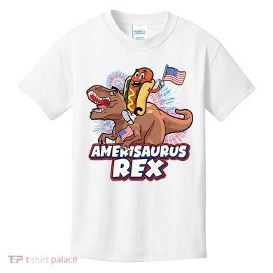 Funny Hotdog Riding Amerisaurus Rex Dinosaur Kids T-Shirt
