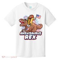 Funny Hotdog Riding Amerisaurus Rex Dinosaur Kids T-Shirt thumb 0