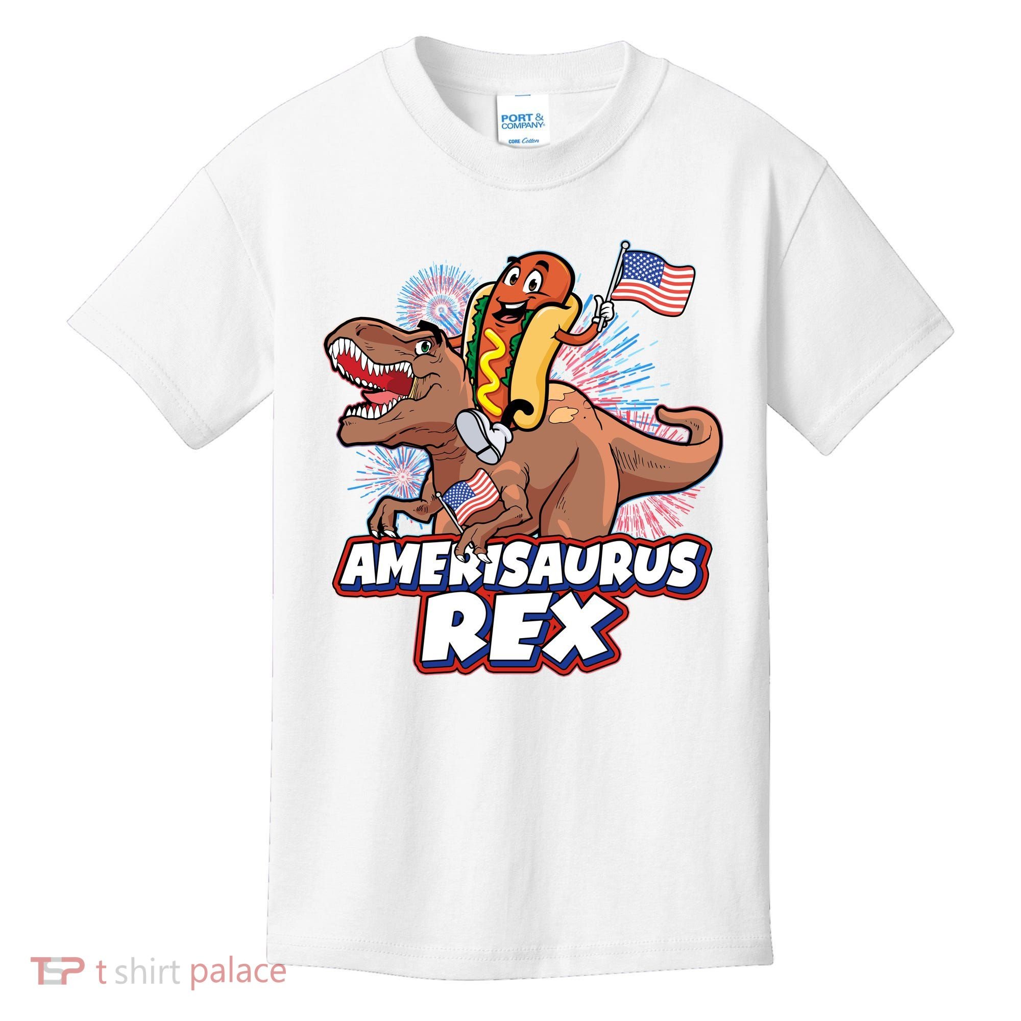 Funny Hotdog Riding Amerisaurus Rex Dinosaur Kids T-Shirt