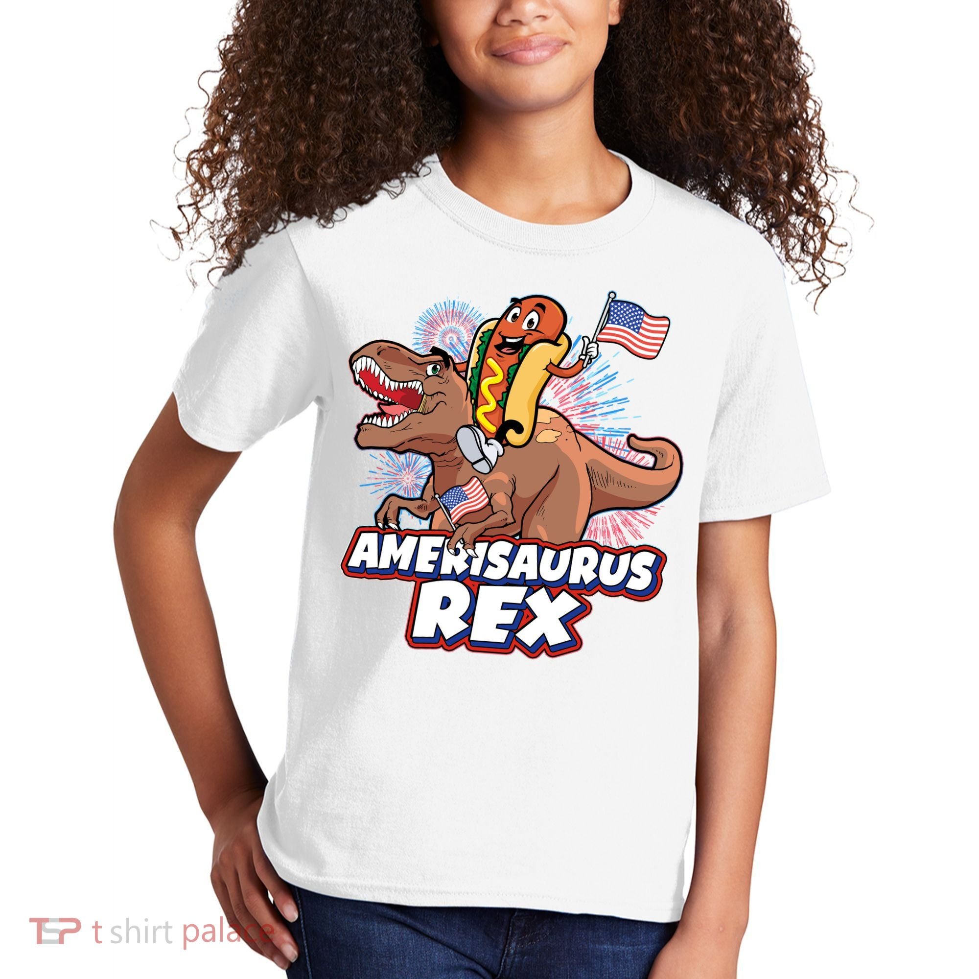 Funny Hotdog Riding Amerisaurus Rex Dinosaur Kids T-Shirt