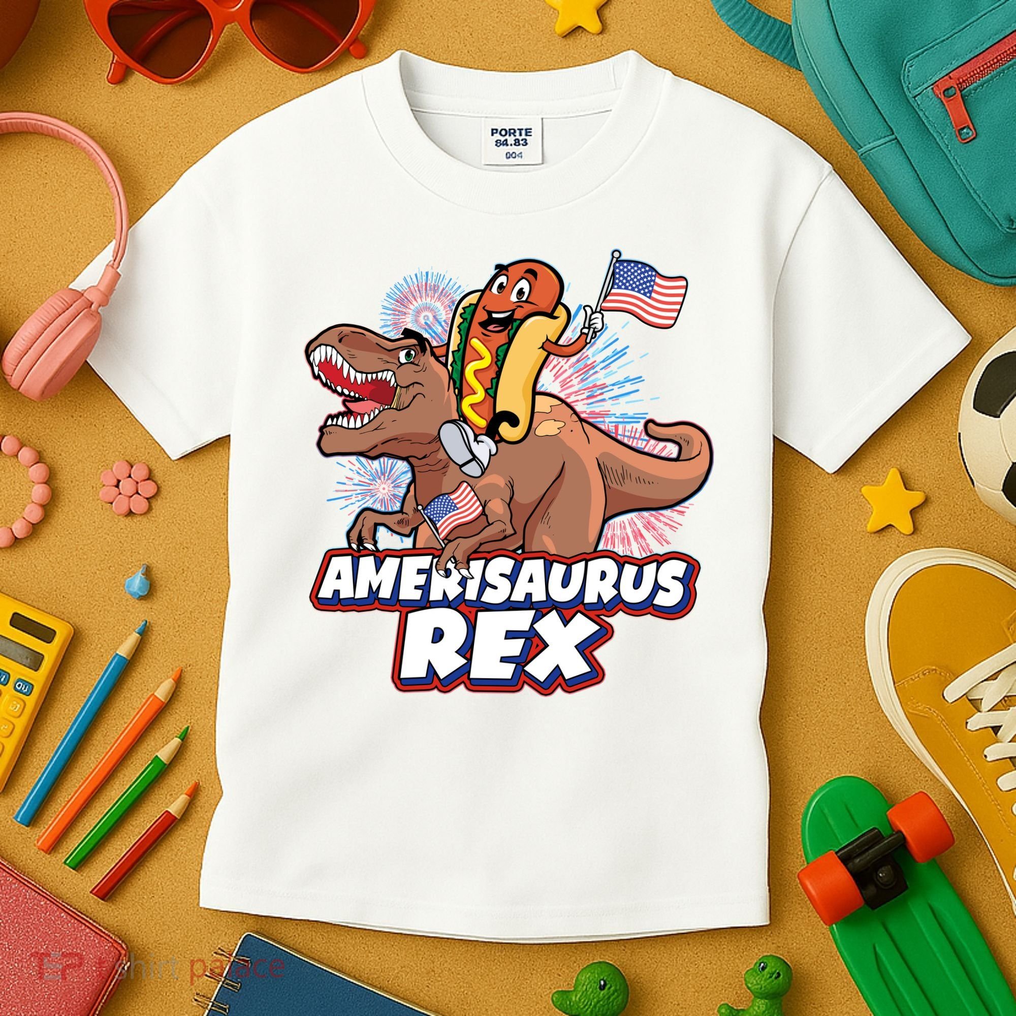 Funny Hotdog Riding Amerisaurus Rex Dinosaur Kids T-Shirt