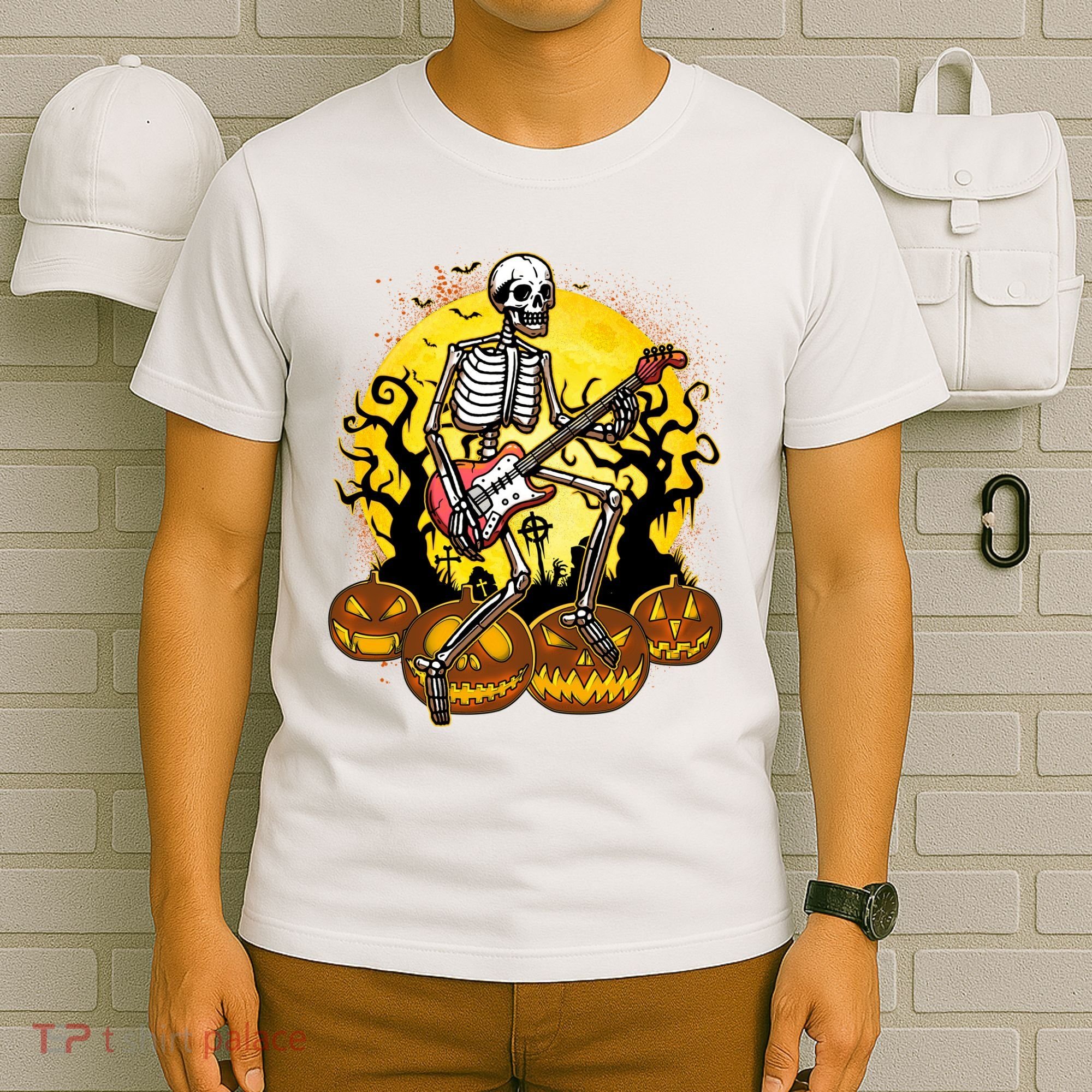 Funny Halloween Rocker Skeleton Rock With Electric Guitar T-Shirt