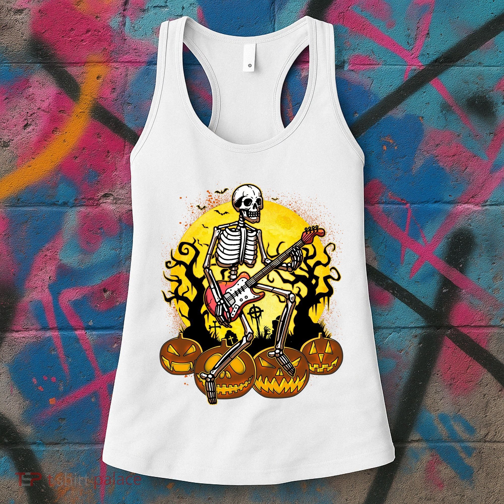 Funny Halloween Rocker Skeleton Rock With Electric Guitar Women's Tank Top