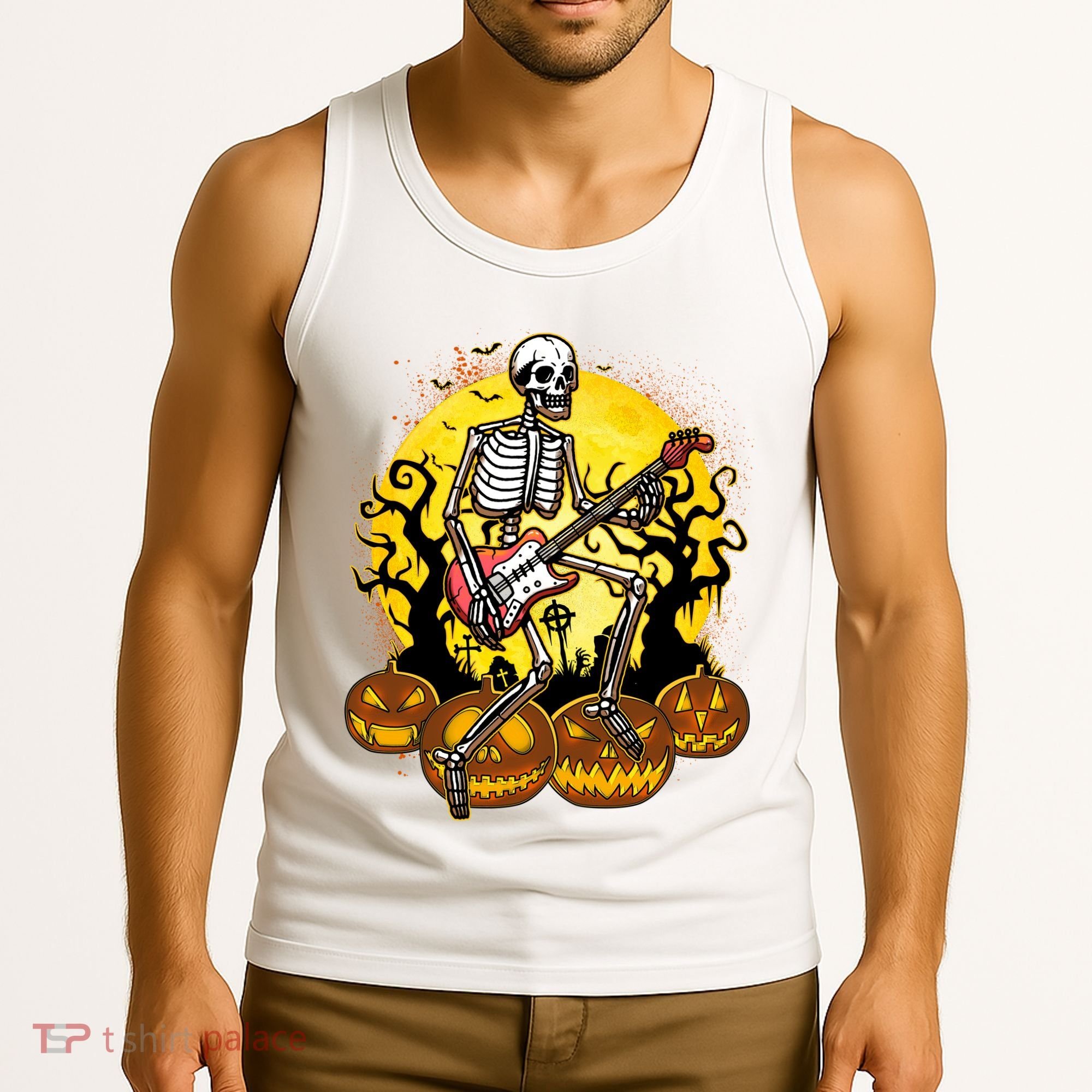 Funny Halloween Rocker Skeleton Rock With Electric Guitar Tank Top
