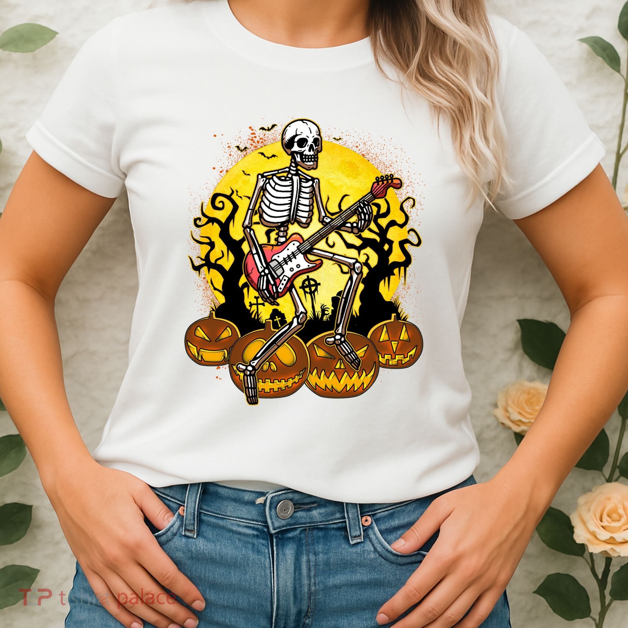 Funny Halloween Rocker Skeleton Rock With Electric Guitar Women's T-Shirt